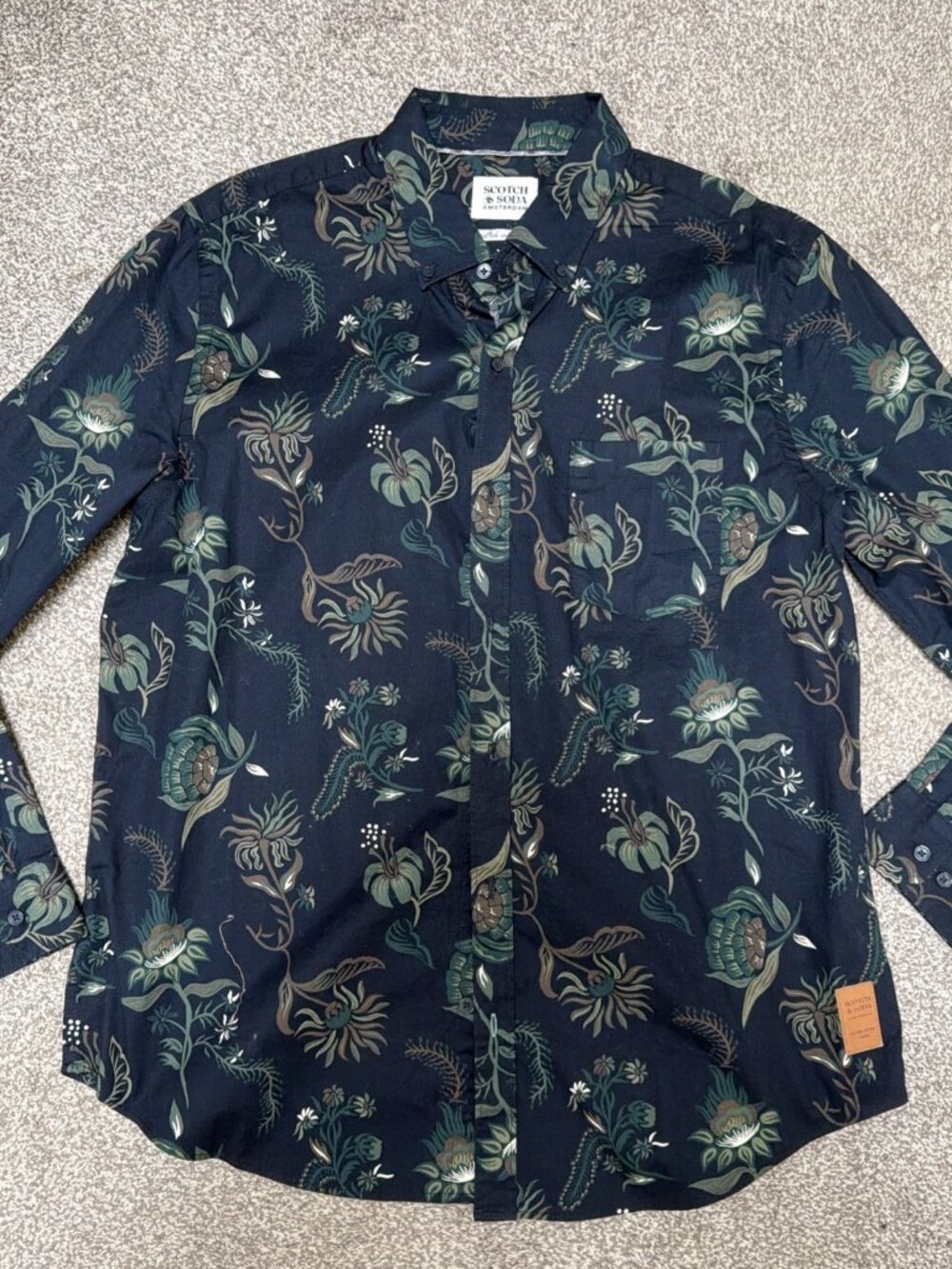 Scotch & Soda Amsterdam Blauw Floral Indigo Denim Shirt Men's L Pearl Snap New
